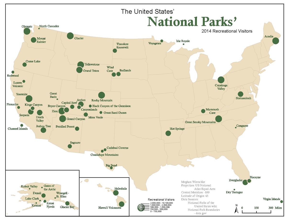 US National Parks 2014 recreational visitors map