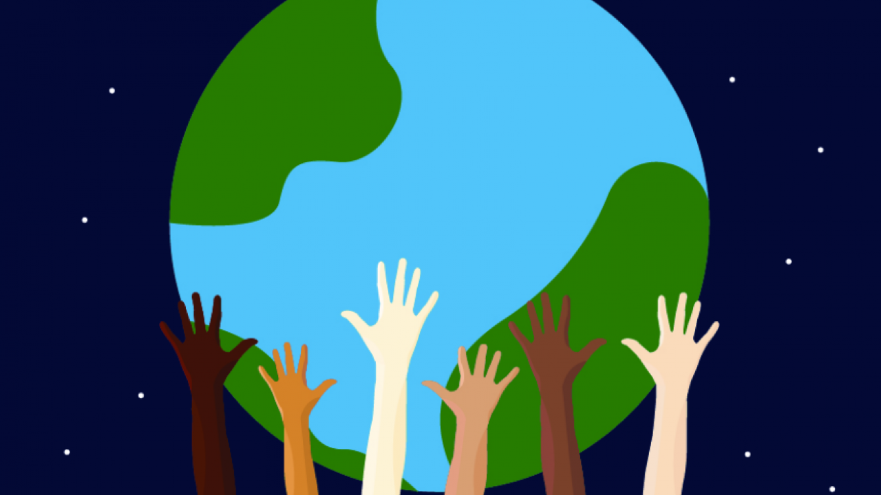 Hands raised toward globe illustration