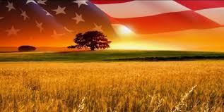 American flag over wheat field at sunset